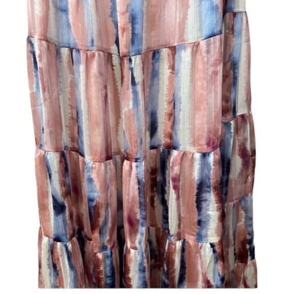 Storia Pink And Blue Gold Shimmer Watercolor Tiered Midi Dress Size M - Picture 11 of 13